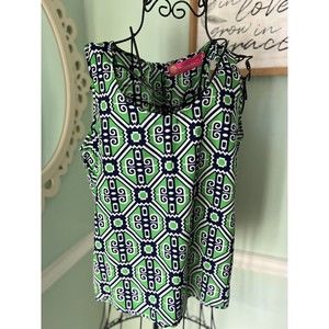 MACBETH green White Patterned Top Small‎ Gold Button Back Sleeveless